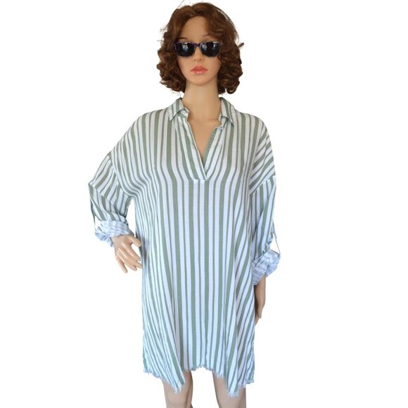 Umgee Green White Striped V Neck Roll Tab Sleeve Frayed Tunic Mini Dress Size L - Picture 1 of 6